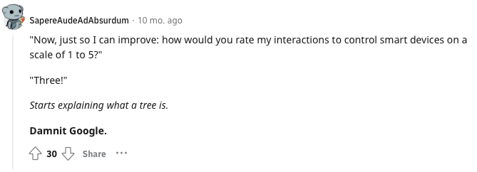 A Reddit post that reads: "Now, just so I can improve: how would you rate my interactions to control smart devices on a scale of