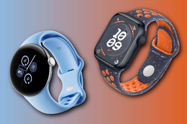 Renders of the Google Pixel Watch 2 and Apple Watch Series 9 next to each other.