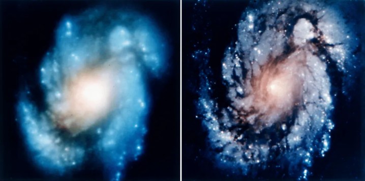 Изображения спиральной галактики M100 показывают улучшение видения Хаббла по сравнению с широкоугольной/планетарной камерой и заменяющим ее инструментом, широкоугольной и планетарной камерой 2.