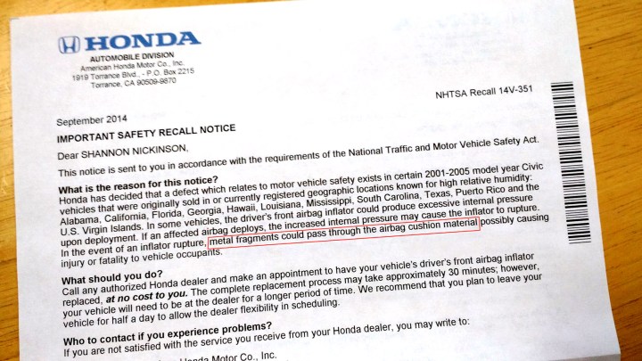 A letter from Honda announcing a recall for faulty airbgs.