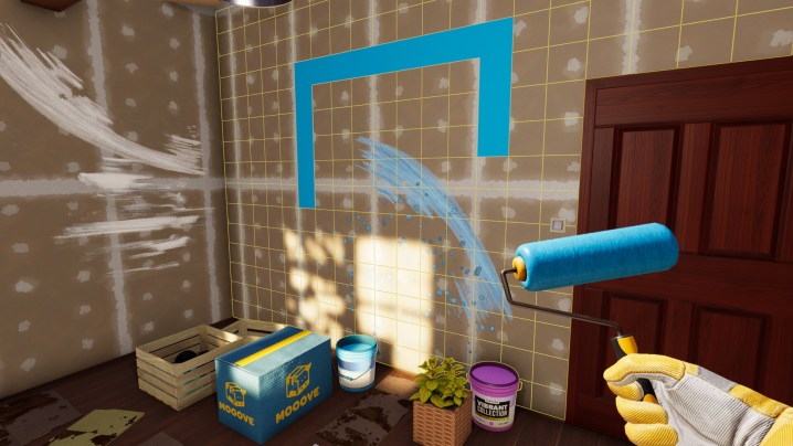 A player paints a wall blue in House Flipper 2.