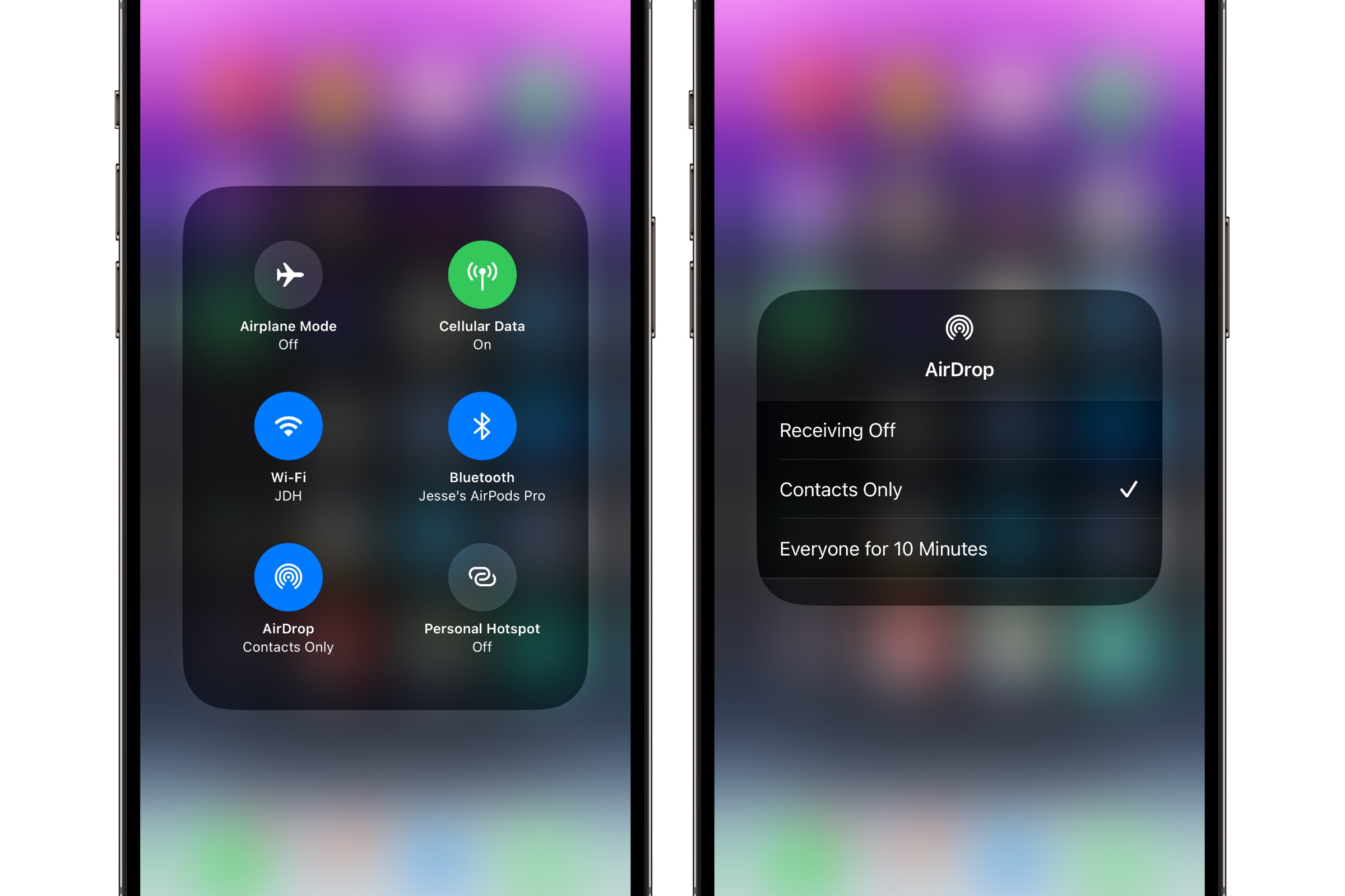 Two iPhones showing Control Center settings for AirDrop.