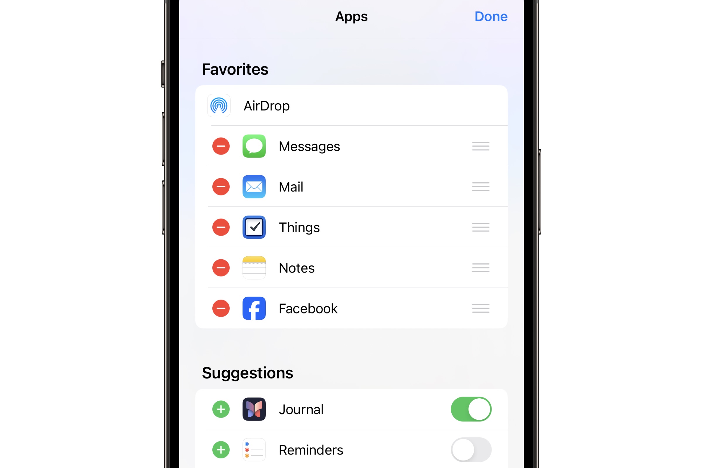 Adding Journal to the iOS Share Sheet favorites in iOS 17.2.