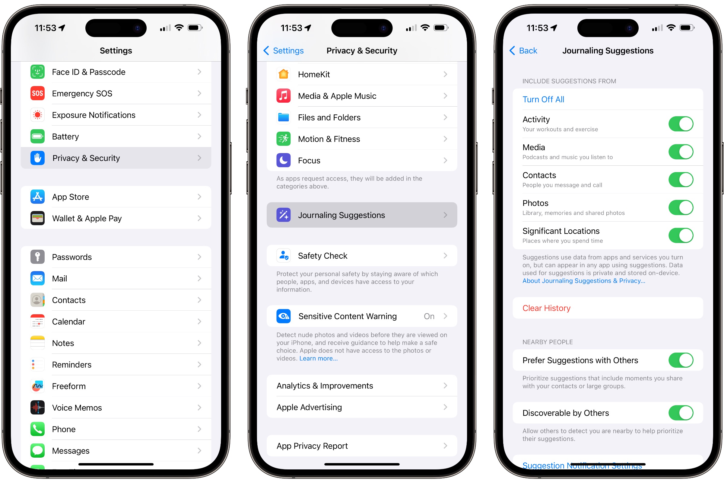 Journal Suggestions privacy settings in iOS 17.2.