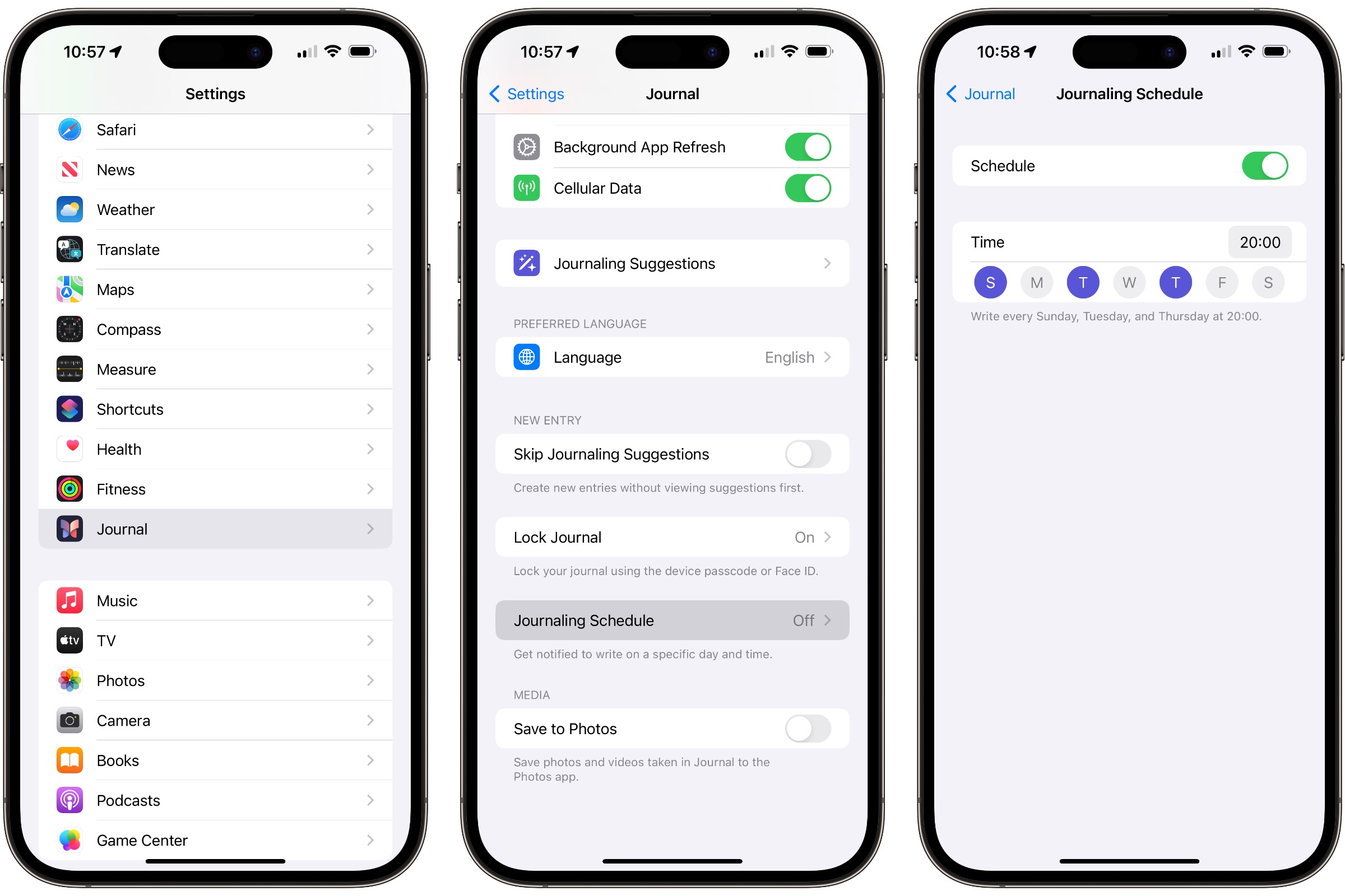 Settings for creating a journaling reminder schedule in iOS 17.2.