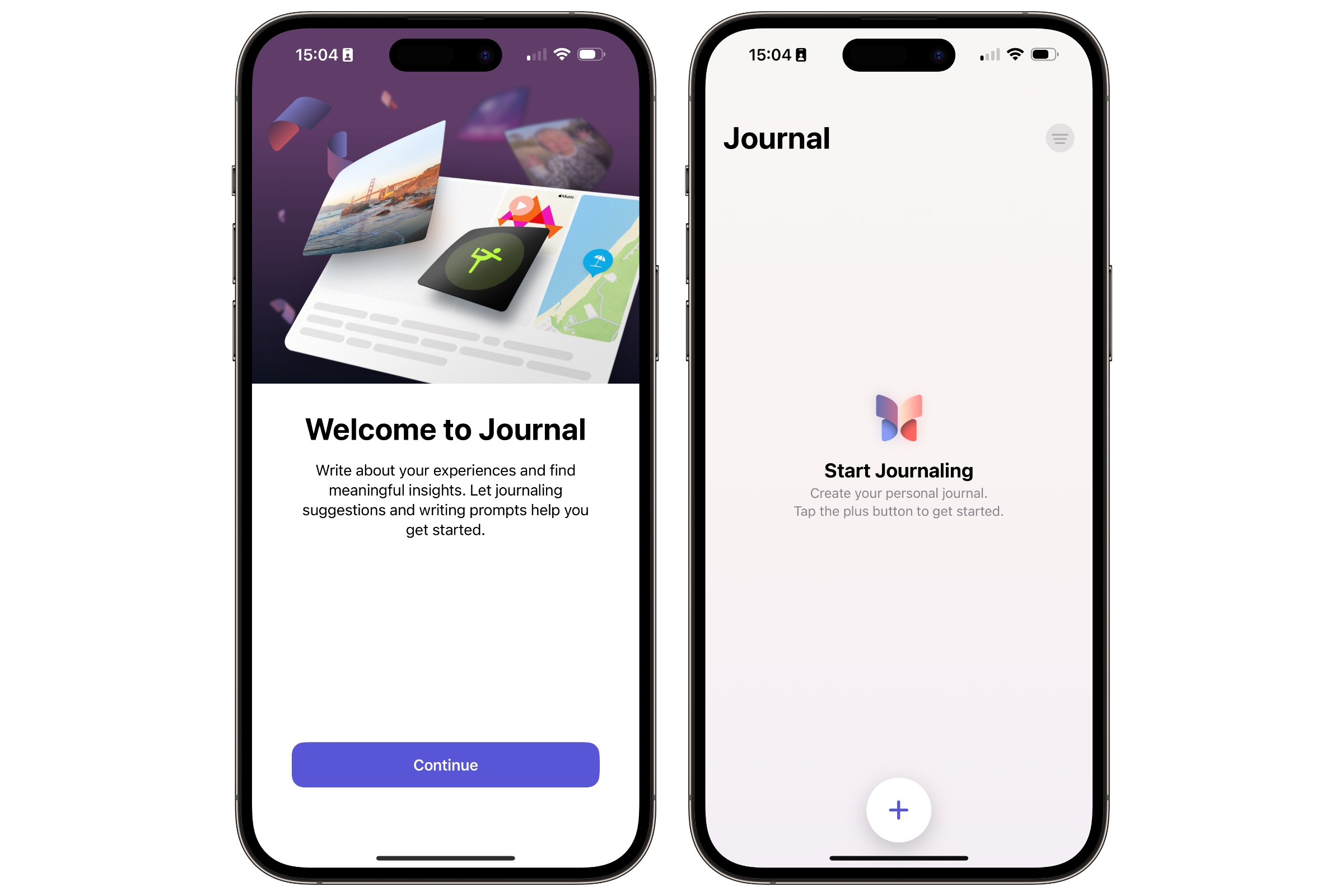 Welcome screens in iOS 17.2 Journal app.