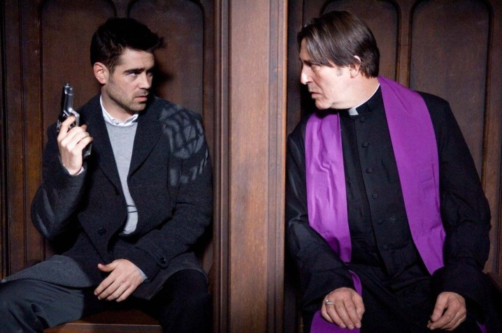 A hit man and a priest confront each other in In Bruges.