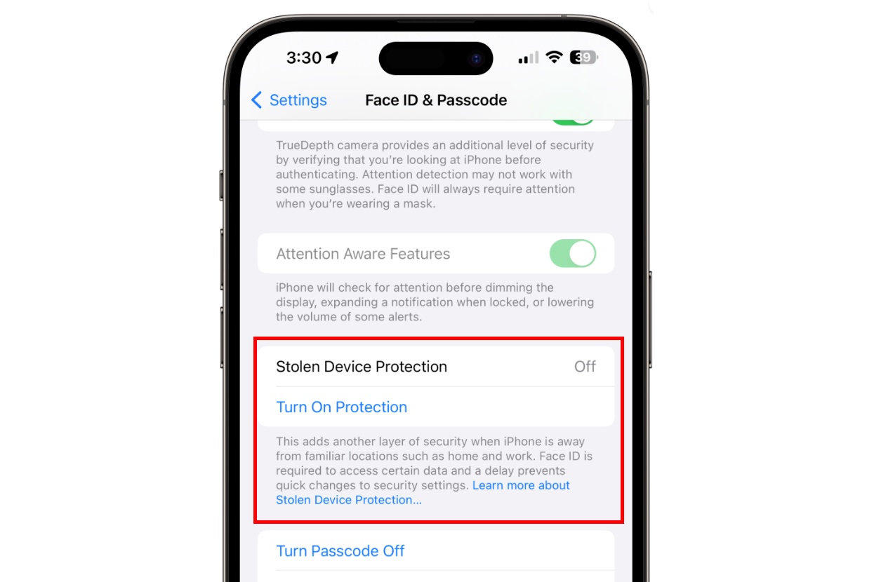 Enabling Stolen Device Protection feature on iPhone. 