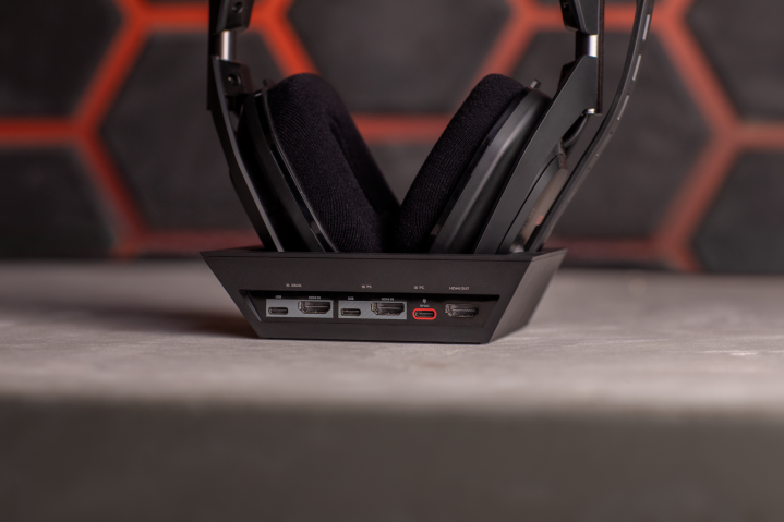 The base stand of the A50 X sits on a table.