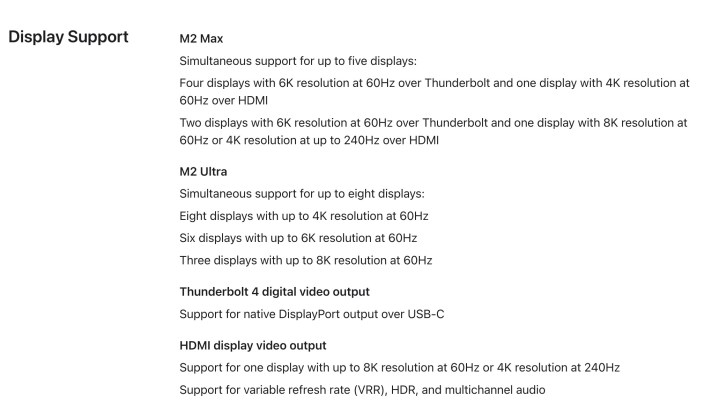 Captura de tela da Apple mostrando as opções de exibição do Mac Studio.