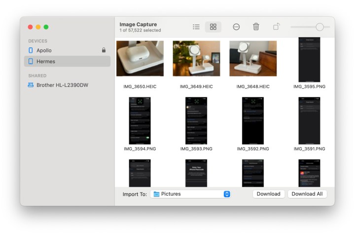 macOS Image Capture tool with an iPhone and iPad connected.