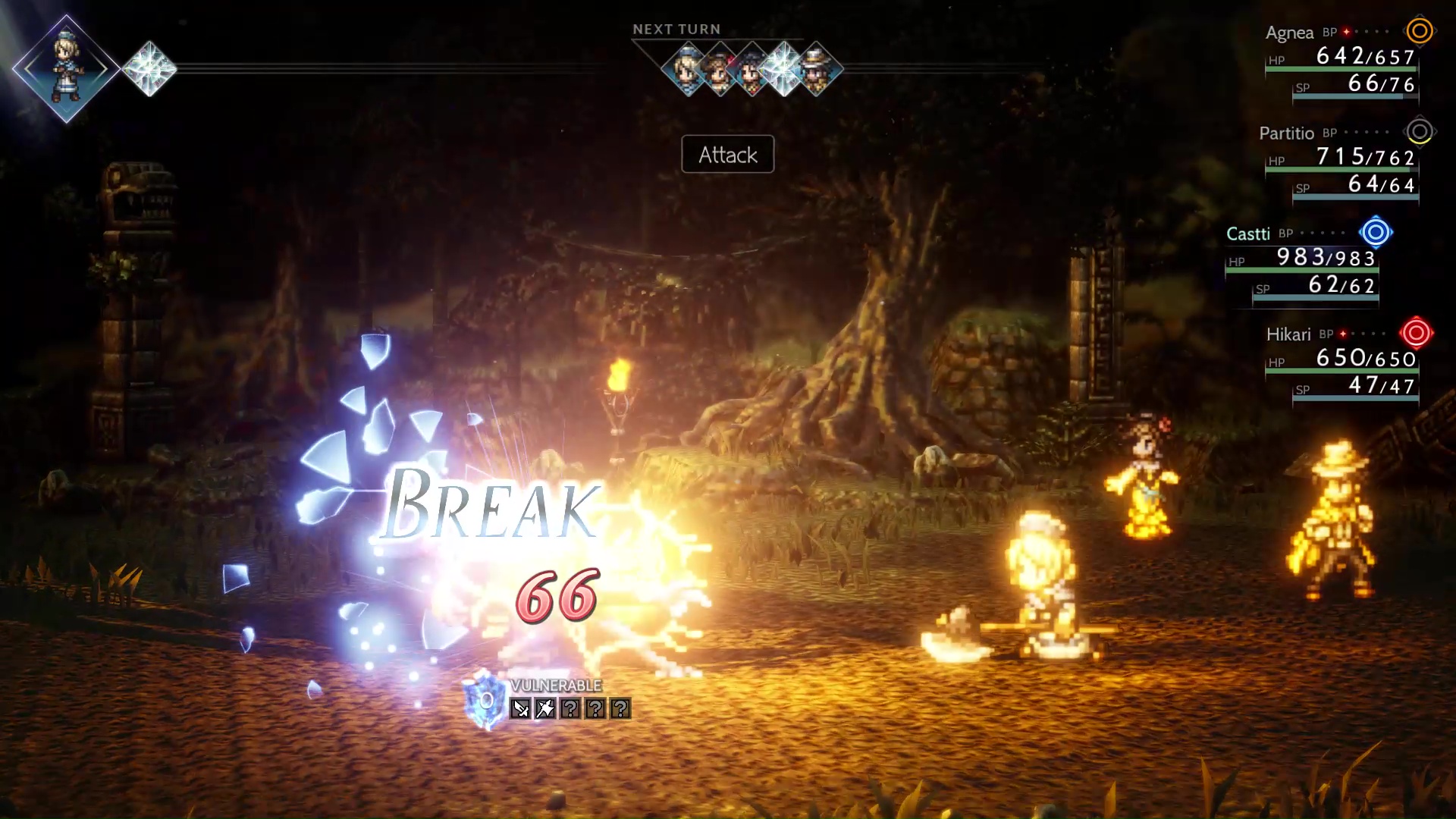 In a fight in Octopath Traveler II, the player exploits an enemy's weak point to "Break" it, which cancels its next action.