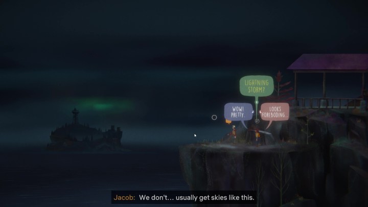 In Oxenfree II, the player is provided with a dialogue choice that determines their character's reaction to an oncoming thunderstorm.