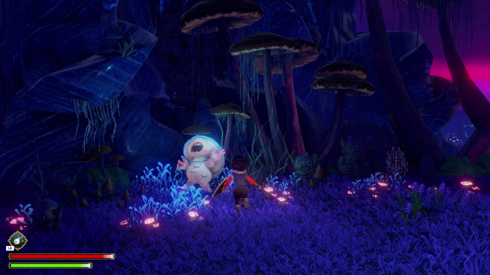 The player fights a hostile mushroom monster in Ravenlok.