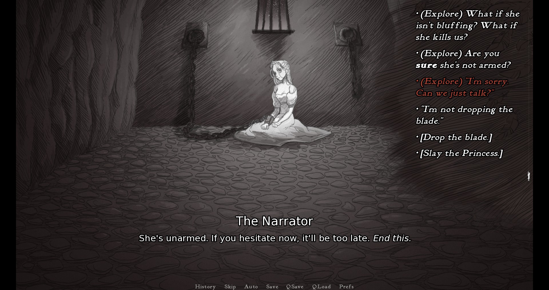 स्ले द प्रिंसेस में, खिलाड़ी को विकल्पों की एक श्रृंखला दी जाती है कि उनका चरित्र शीर्षक राजकुमारों पर कैसे प्रतिक्रिया करेगा, जिसमें कहानी के वर्णनकर्ता के साथ बहस करना भी शामिल है।