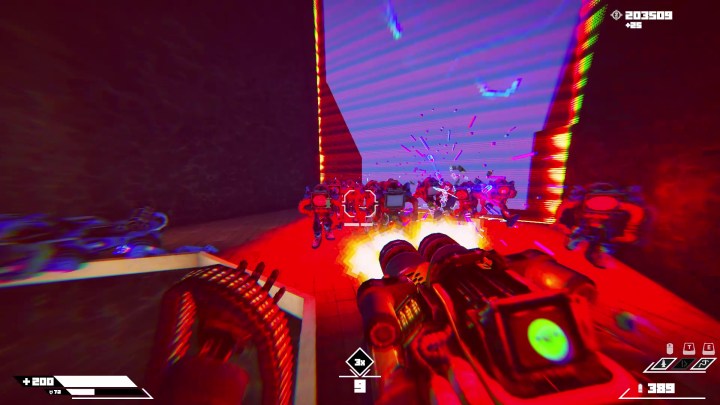 The player attacks an oncoming crowd of cyber-zombies with a chaingun in Turbo Overkill.