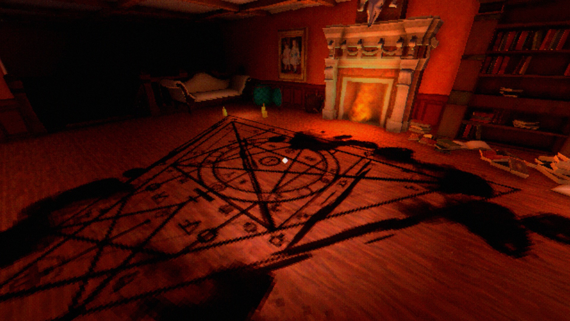 एक हवेली के फ़ोयर में, खिलाड़ी एक खौफनाक रूनिक डिज़ाइन का निरीक्षण करता है जो फर्श पर खून से सना हुआ प्रतीत होता है।