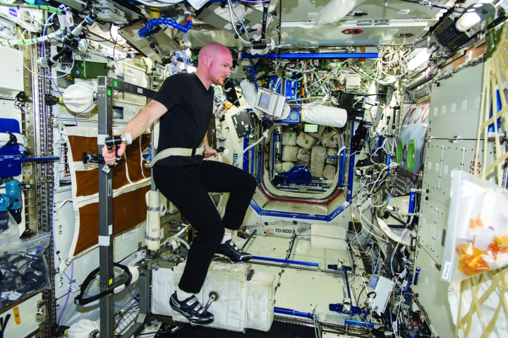ESA astronaut Alexander Gerst is wearing SpaceTex experiment fabrics while on the ISS exercise bike during ESA’s Blue Dot Mission in 2014.