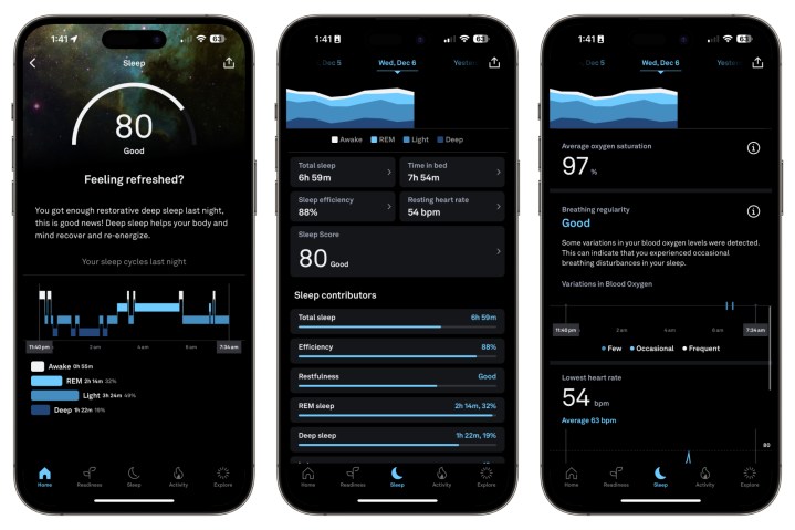 Screenshots of sleep tracking data from the Oura app.