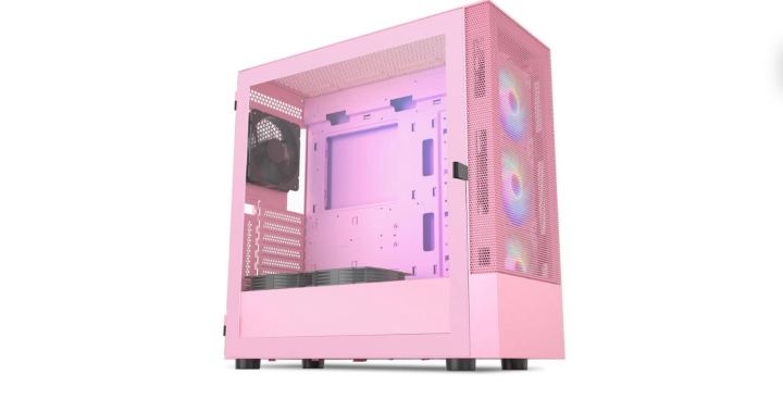 Pink PC case over a white background.