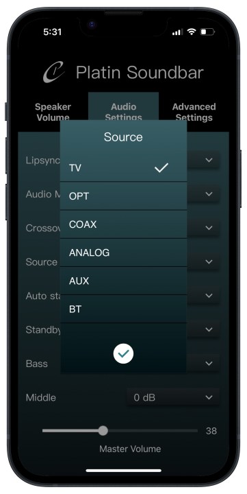App Platin Audio Milano per le impostazioni della sorgente iOS.