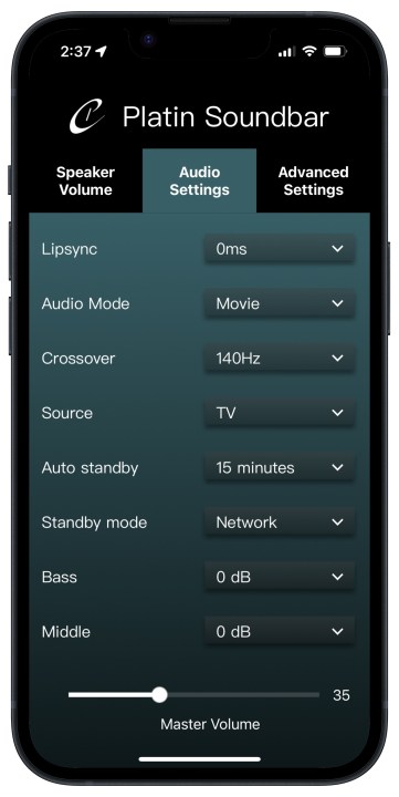 App Platin Audio Milano per le impostazioni audio iOS.