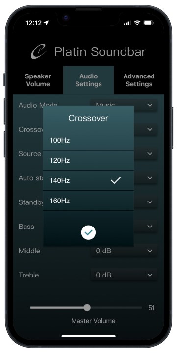App Platin Audio Milano per le impostazioni crossover iOS.
