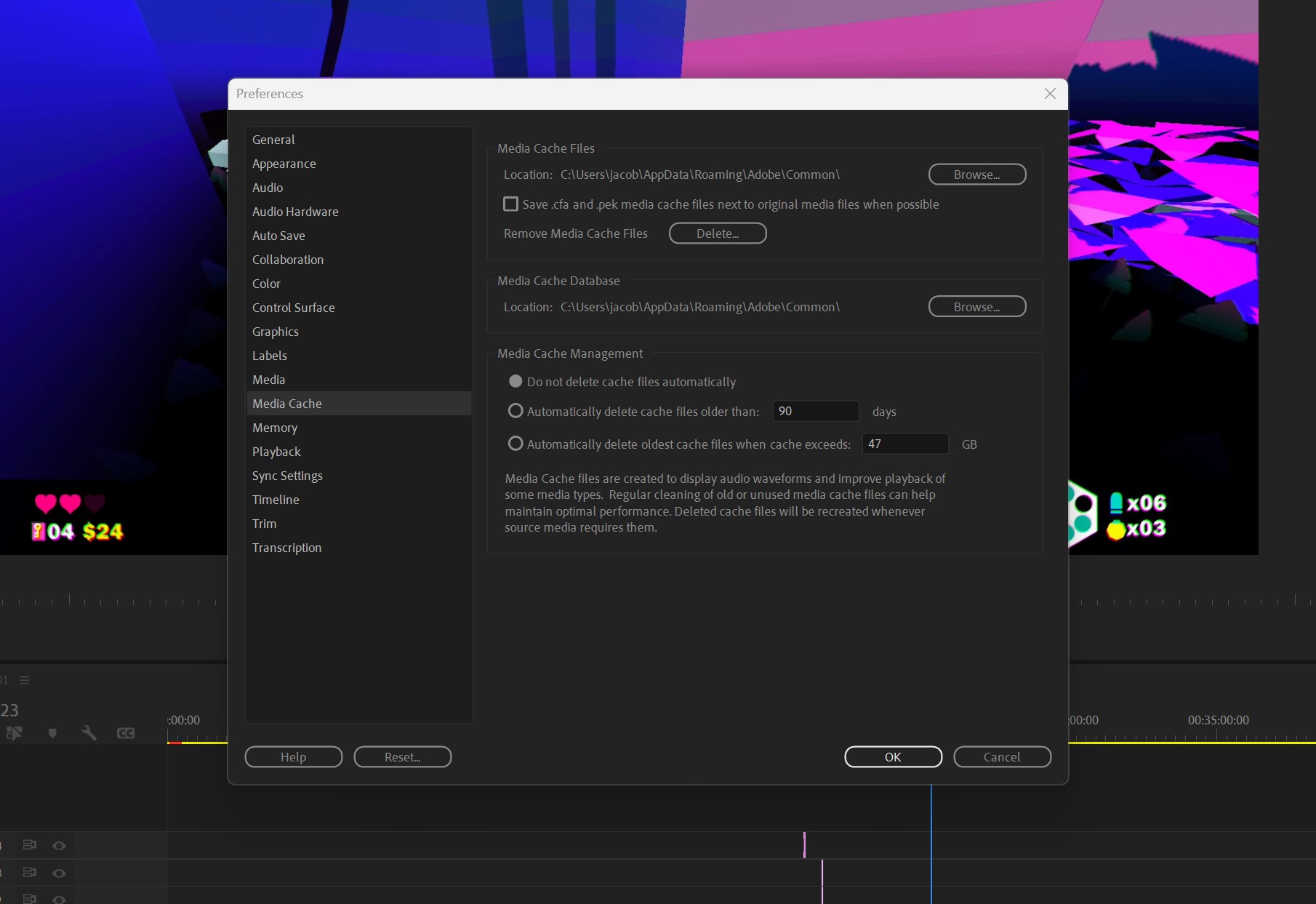 Cache settings in Adobe Premiere Pro.