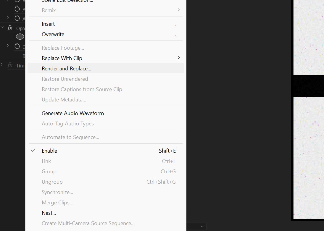 تنظیمات «رندر و جایگزینی» در Adobe Premiere Pro.