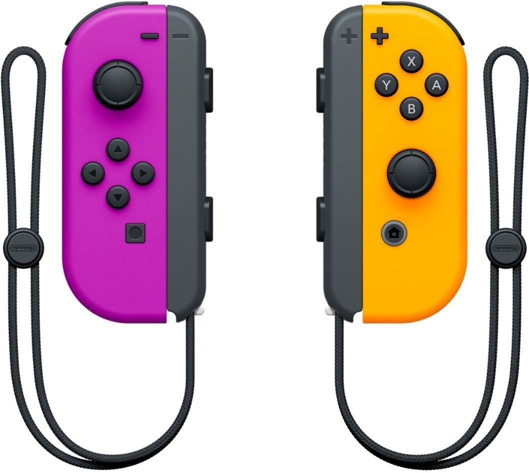 Purple and orange Joycon controllers for Switch.