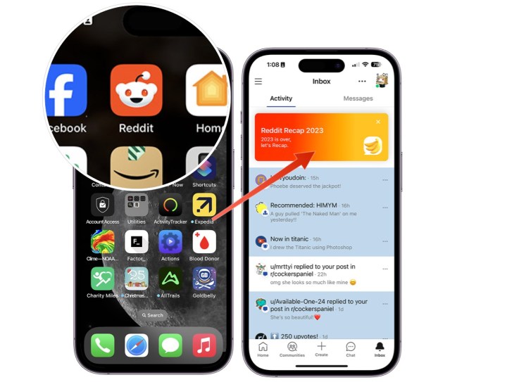 Capturas de pantalla que muestran cómo ingresar al área de resumen de Reddit en la aplicación Reddit en iPhone.