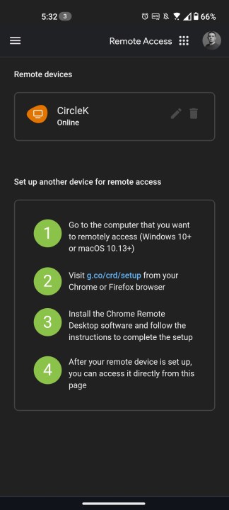 Connecting to a desktop PC remotely using Chrome Remote Desktop.
