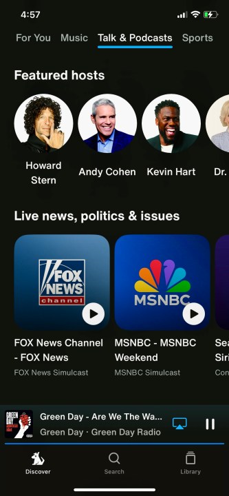La scheda Talk e podcast sull'app SiriusXM per iOS.