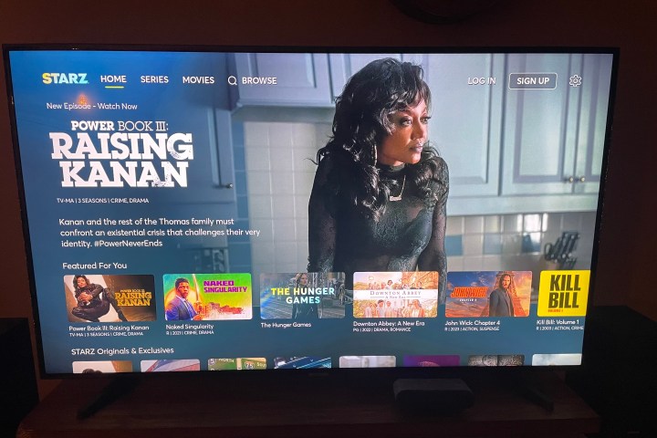 The home screen of the Starz app on a Roku streaming device.