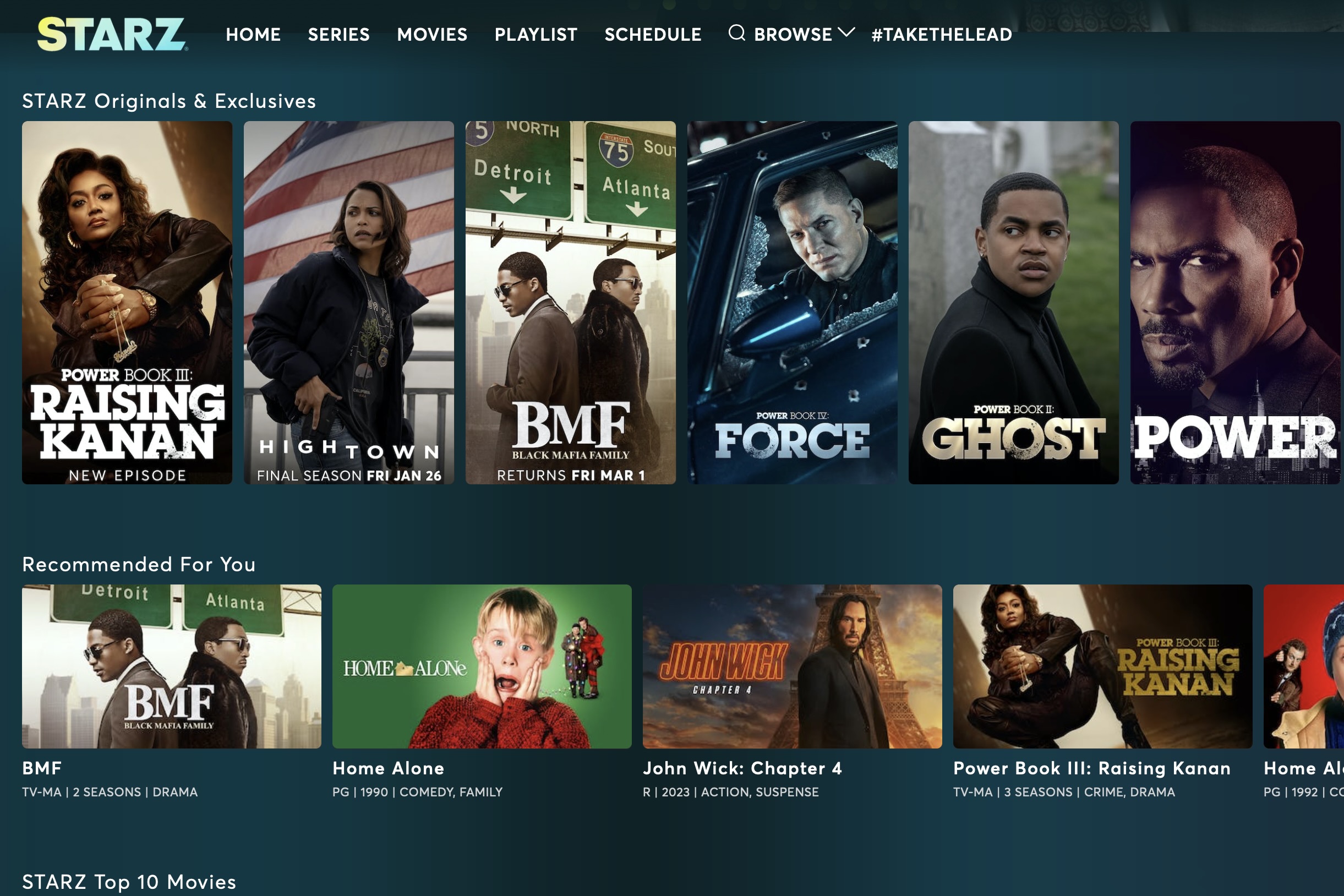The home screen for both the Starz website and Starz web player.