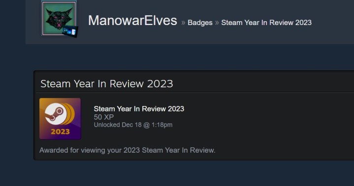 La insignia del resumen del año de Steam 2023.