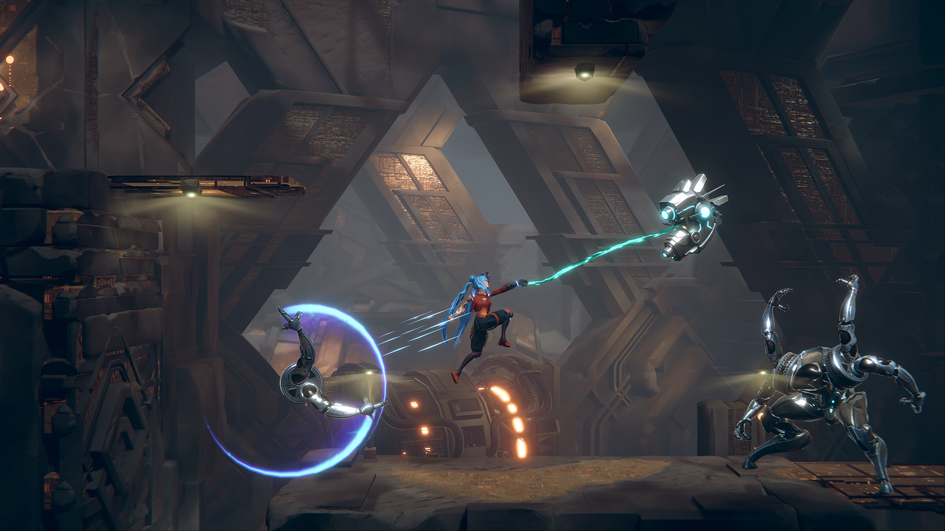 A character grapples towards an enemy in Trinity Fusion.