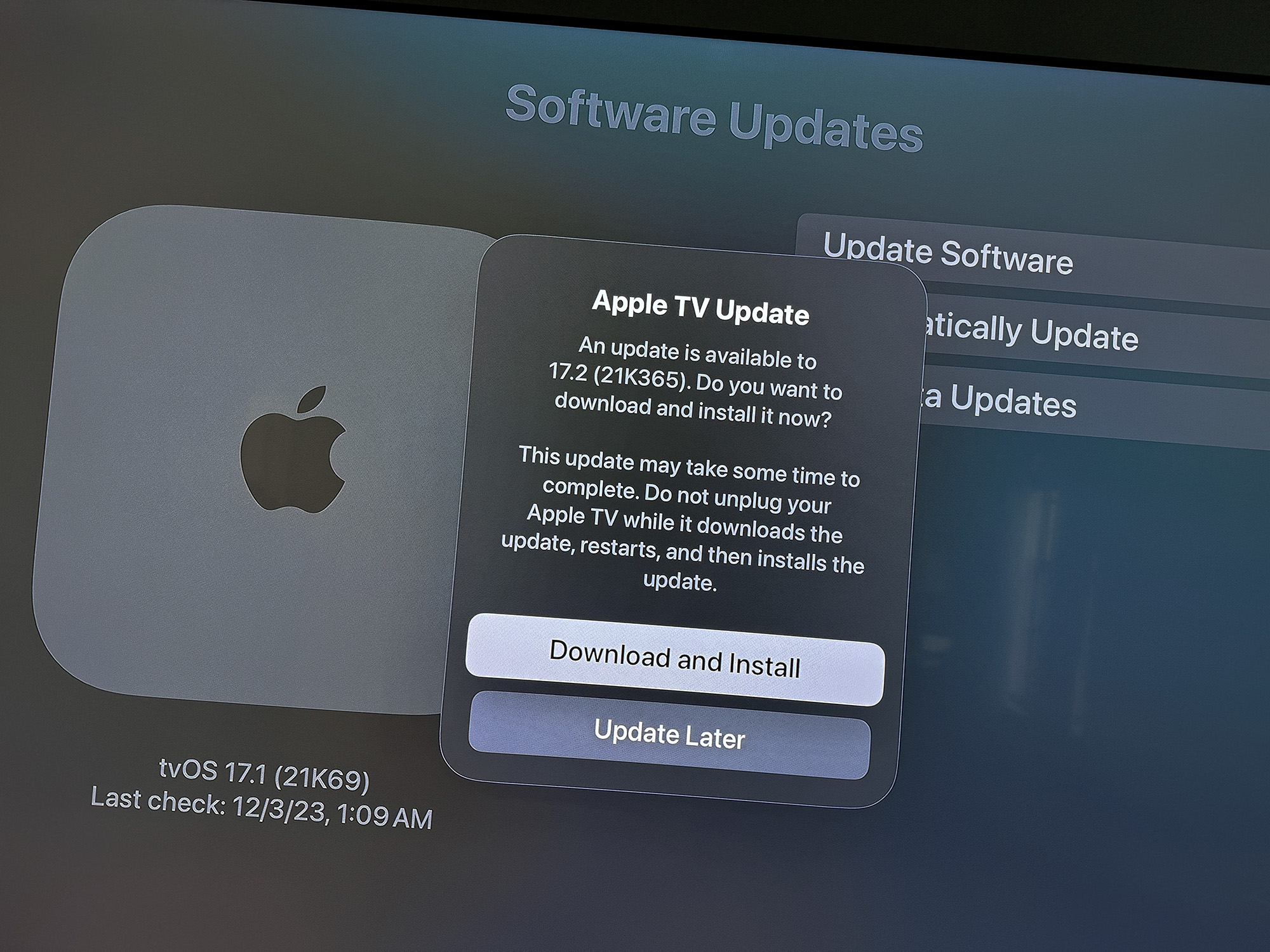 Apple TV tvOS 17.2 update screen.
