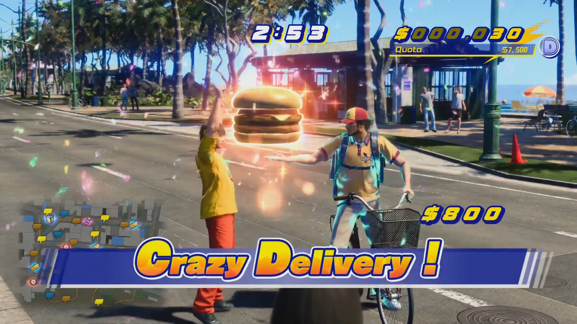 Ichiban delivering a giant hamburger in Like a Dragon: Infinite Wealth.