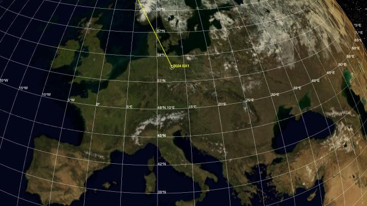 Este mapa muestra el lugar donde el pequeño asteroide 2024 BX1 impactó inofensivamente la atmósfera de la Tierra sobre Alemania, a unas 37 millas (60 kilómetros) al oeste de Berlín, el 21 de enero. Un sistema de la NASA llamado Scout predijo la hora y el lugar del impacto en 1 segundo y a unos 100 metros (330 pies).