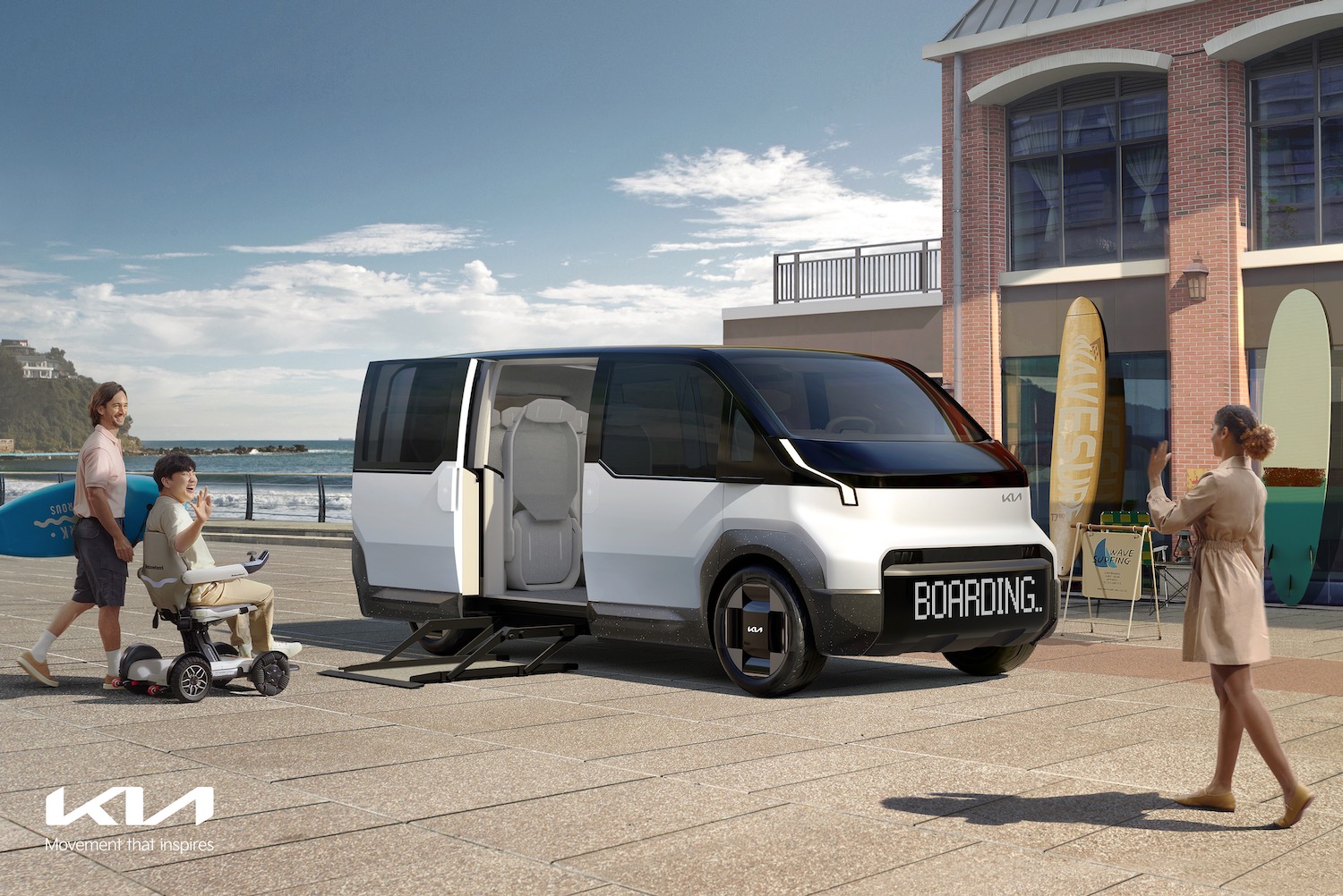 A Kia Concept PV5 EV parked with its side door open.