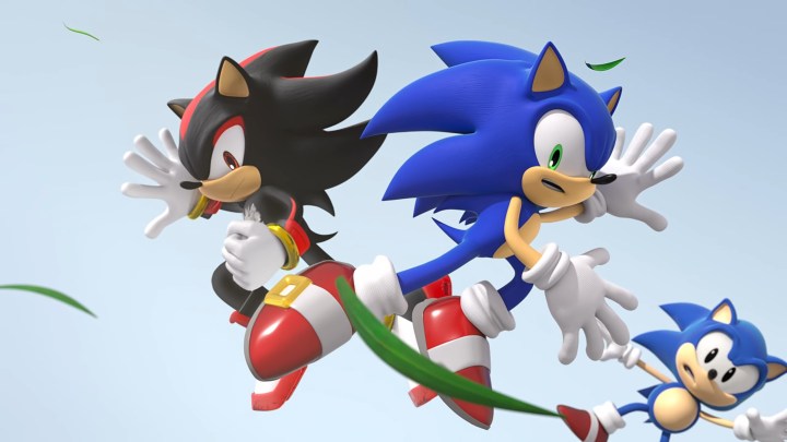 Shadow, Sonic, and Sonic leaping through the air.