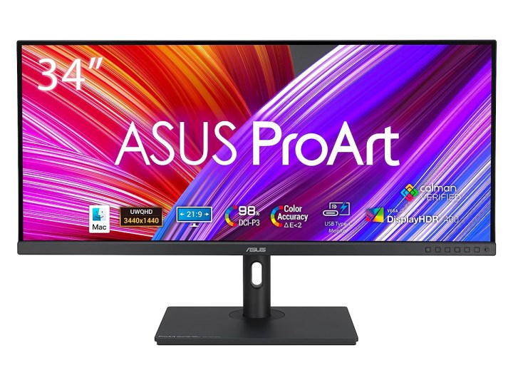 Il monitor ultrawide ASUS ProArt da 34 pollici su uno sfondo bianco.