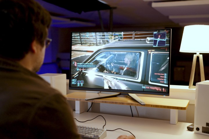 Cyberpunk 2077 being played on the Alienware 32 QD-OLED.