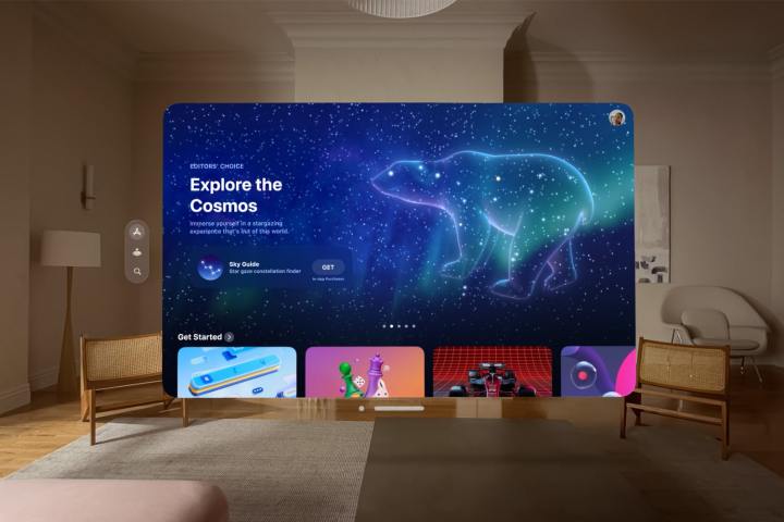 The Apple Vision Pro's App Store appears in augmented reality in a person's living room.