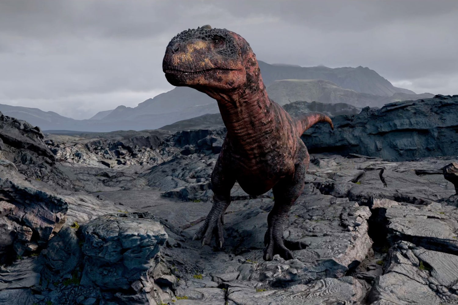 A virtual reality dinosaur is rendered using the Encounter Dinosaurs app on the Apple Vision Pro headset.
