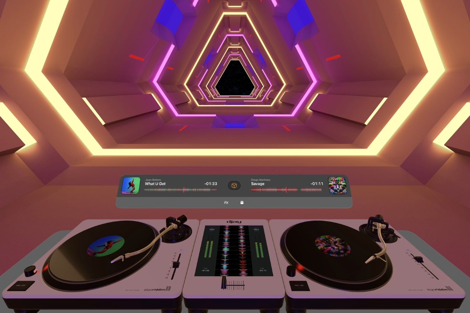 مجموعه‌ای از کنسول‌های DJ مجازی در یک تونل با نور نئون با استفاده از برنامه djay در هدفون Apple Vision Pro ظاهر می‌شوند.