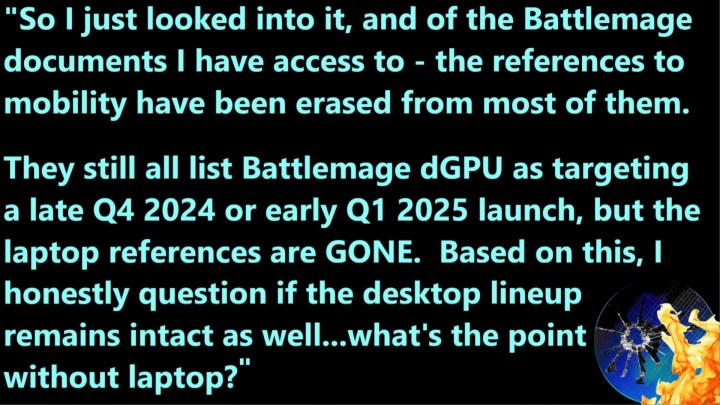 A screenshot with quotes about Intel Arc Battlemage.