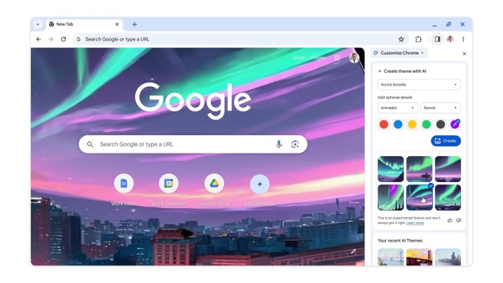 A screenshot of the upcoming AI generated themes on Chrome browser.