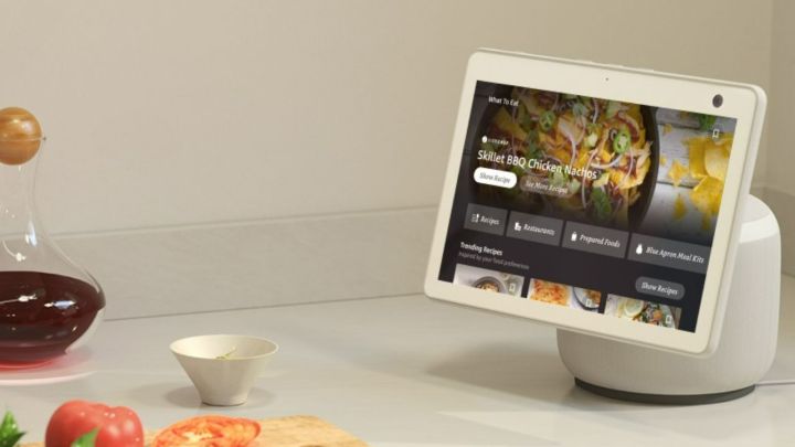 The Echo Show 10 on a kitchen counter.